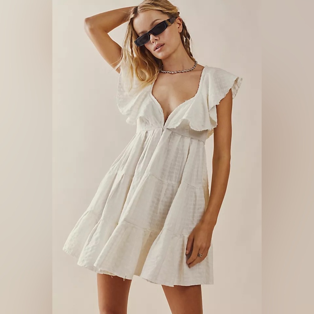 Free People Cream Ruffle Flutter-Sleeve Mini Dress